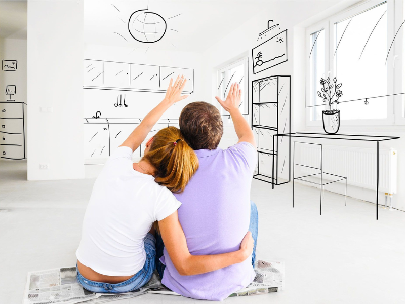 Imagen ilustrativa de una pareja conversando e imaginando sus nuevos ambientes